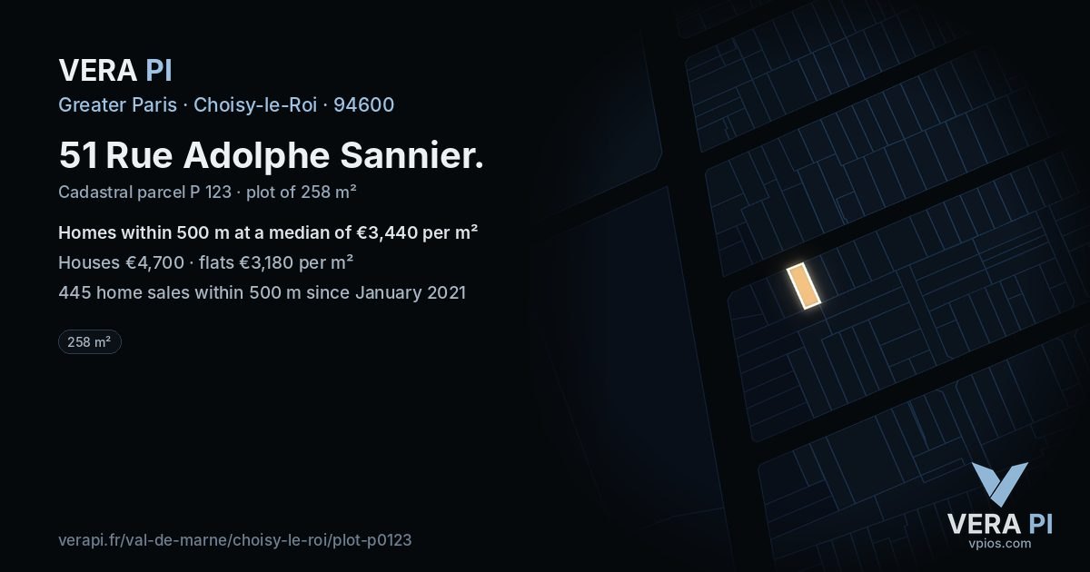 51 Rue Adolphe Sannier, Choisy-le-Roi at night – the plot lit, the parcels around coloured by the prices near them
