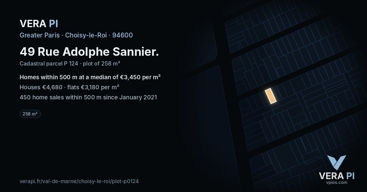 49 Rue Adolphe Sannier, Choisy-le-Roi at night – the plot lit, the parcels around coloured by the prices near them