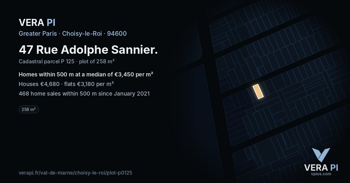 47 Rue Adolphe Sannier, Choisy-le-Roi at night – the plot lit, the parcels around coloured by the prices near them