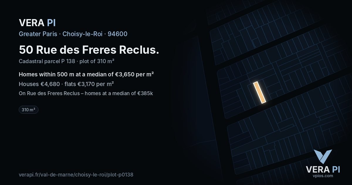 50 Rue des Freres Reclus, Choisy-le-Roi at night – the plot lit, the parcels around coloured by the prices near them
