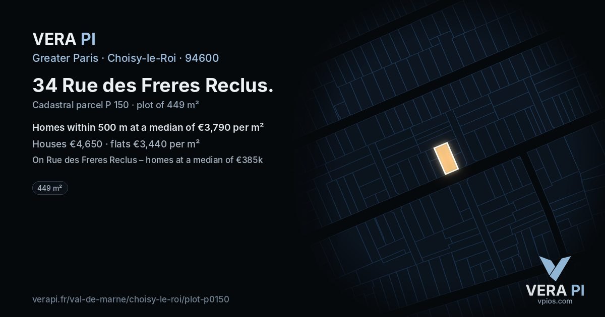 34 Rue des Freres Reclus, Choisy-le-Roi at night – the plot lit, the parcels around coloured by the prices near them