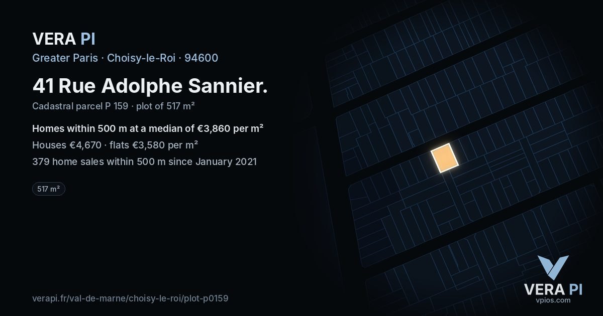 41 Rue Adolphe Sannier, Choisy-le-Roi at night – the plot lit, the parcels around coloured by the prices near them