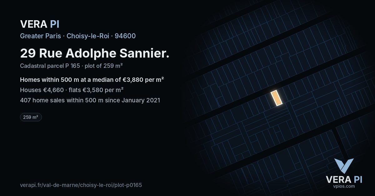 29 Rue Adolphe Sannier, Choisy-le-Roi at night – the plot lit, the parcels around coloured by the prices near them