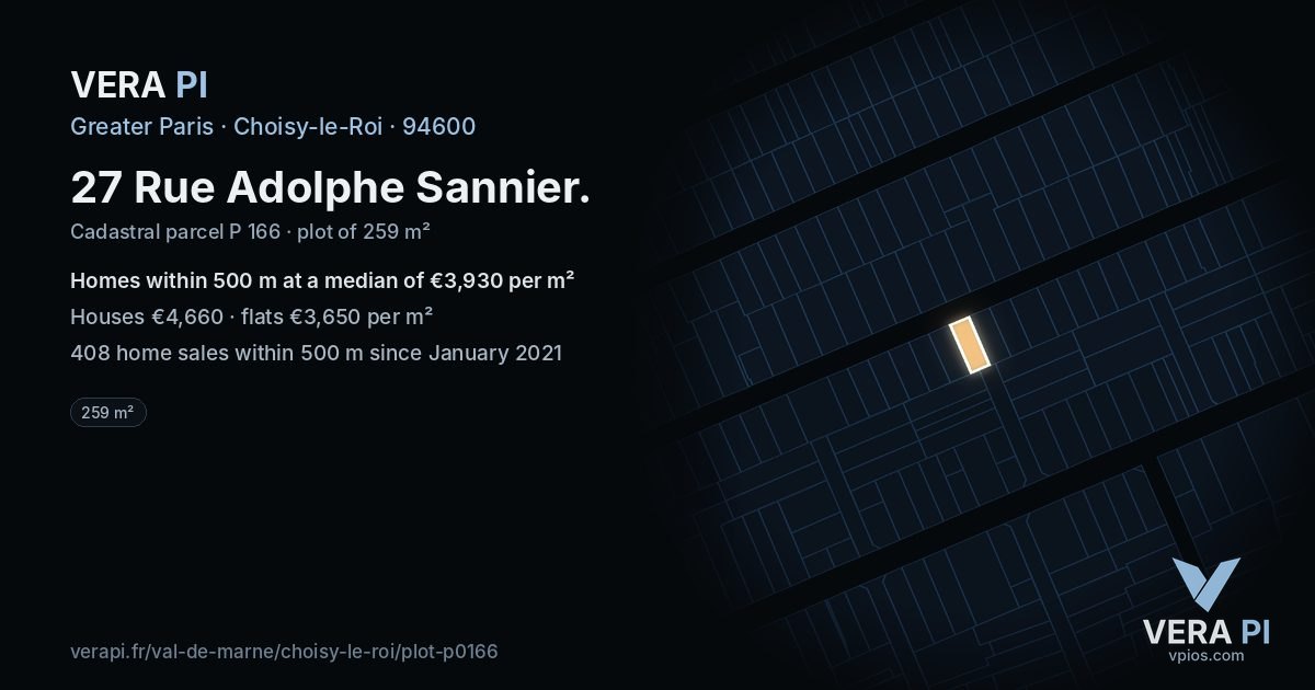 27 Rue Adolphe Sannier, Choisy-le-Roi at night – the plot lit, the parcels around coloured by the prices near them