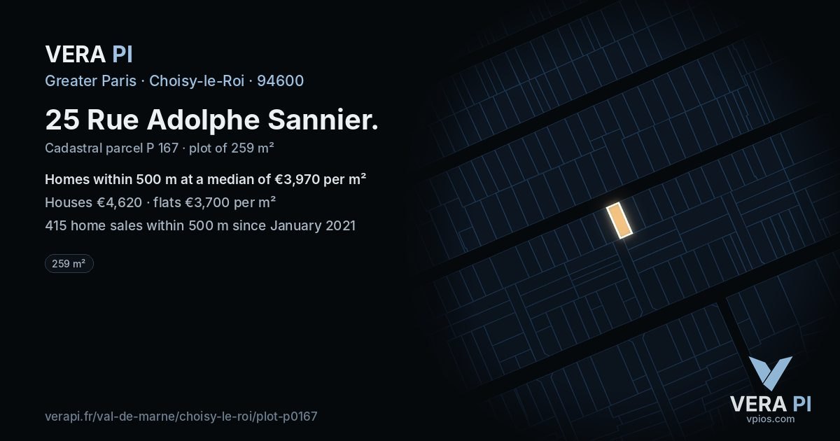 25 Rue Adolphe Sannier, Choisy-le-Roi at night – the plot lit, the parcels around coloured by the prices near them