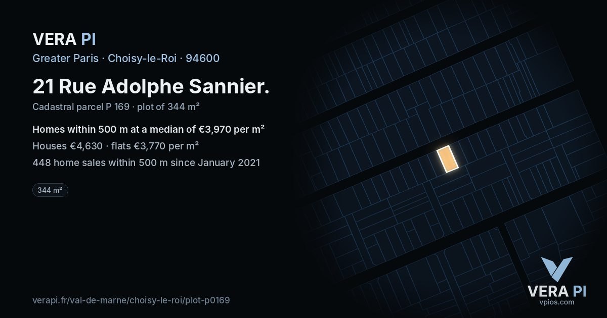 21 Rue Adolphe Sannier, Choisy-le-Roi at night – the plot lit, the parcels around coloured by the prices near them