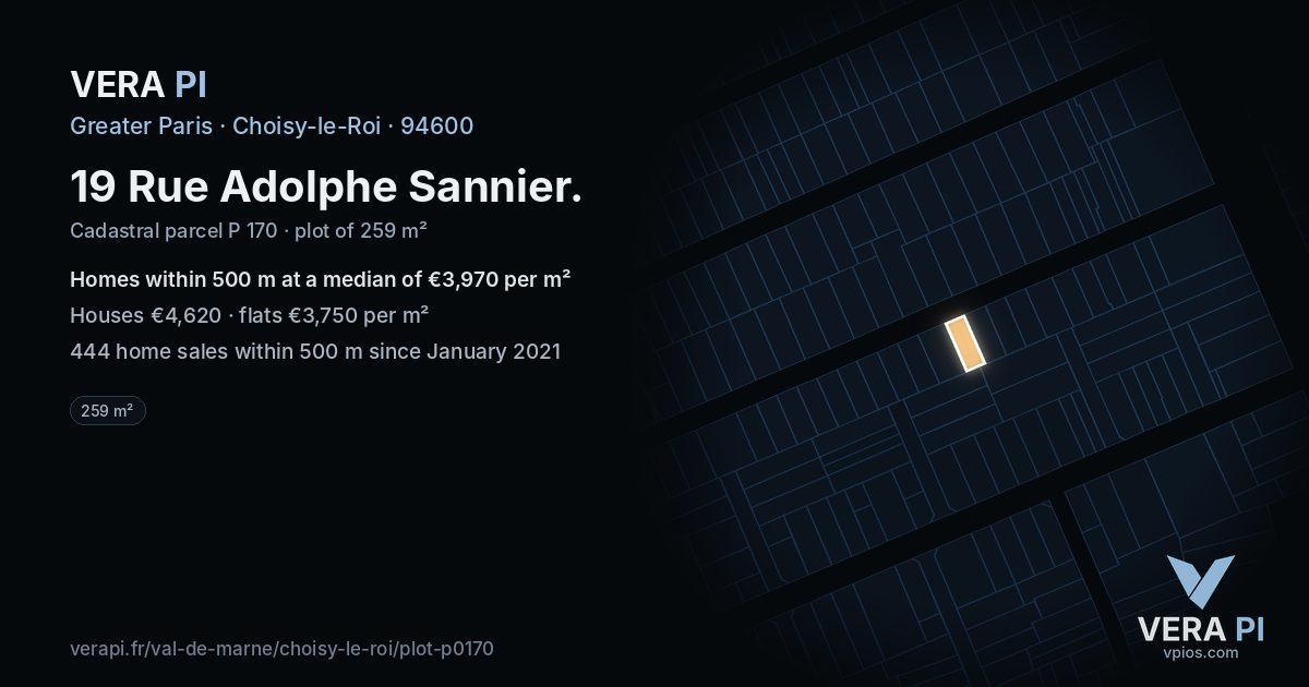 19 Rue Adolphe Sannier, Choisy-le-Roi at night – the plot lit, the parcels around coloured by the prices near them