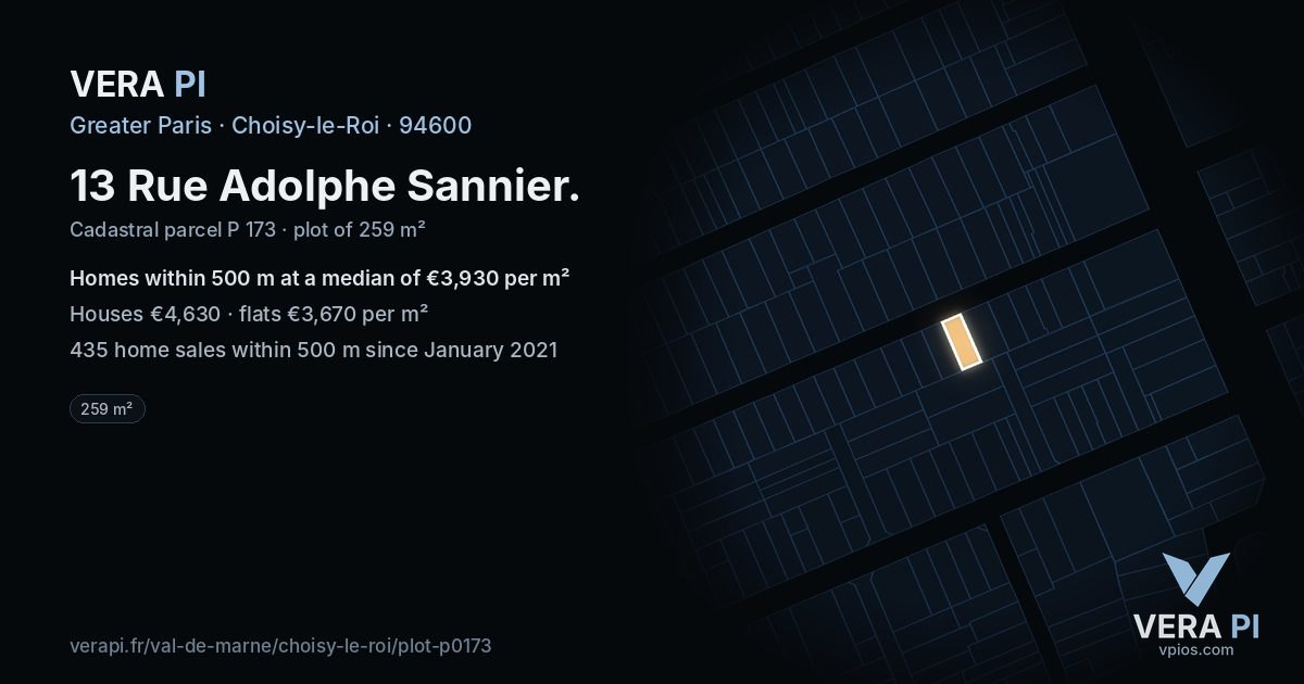 13 Rue Adolphe Sannier, Choisy-le-Roi at night – the plot lit, the parcels around coloured by the prices near them
