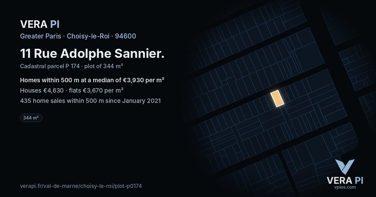 11 Rue Adolphe Sannier, Choisy-le-Roi at night – the plot lit, the parcels around coloured by the prices near them