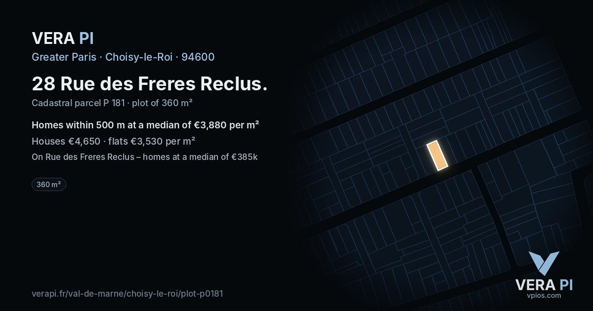 28 Rue des Freres Reclus, Choisy-le-Roi at night – the plot lit, the parcels around coloured by the prices near them