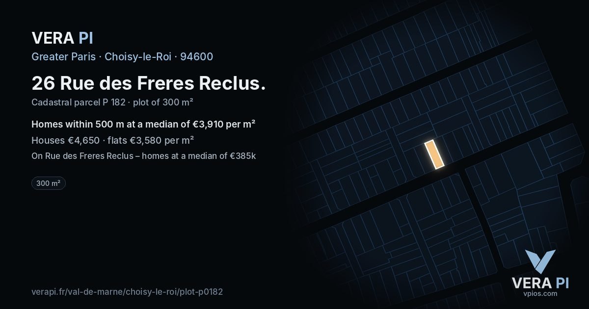 26 Rue des Freres Reclus, Choisy-le-Roi at night – the plot lit, the parcels around coloured by the prices near them