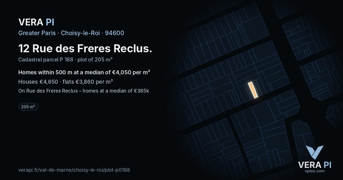 12 Rue des Freres Reclus, Choisy-le-Roi at night – the plot lit, the parcels around coloured by the prices near them