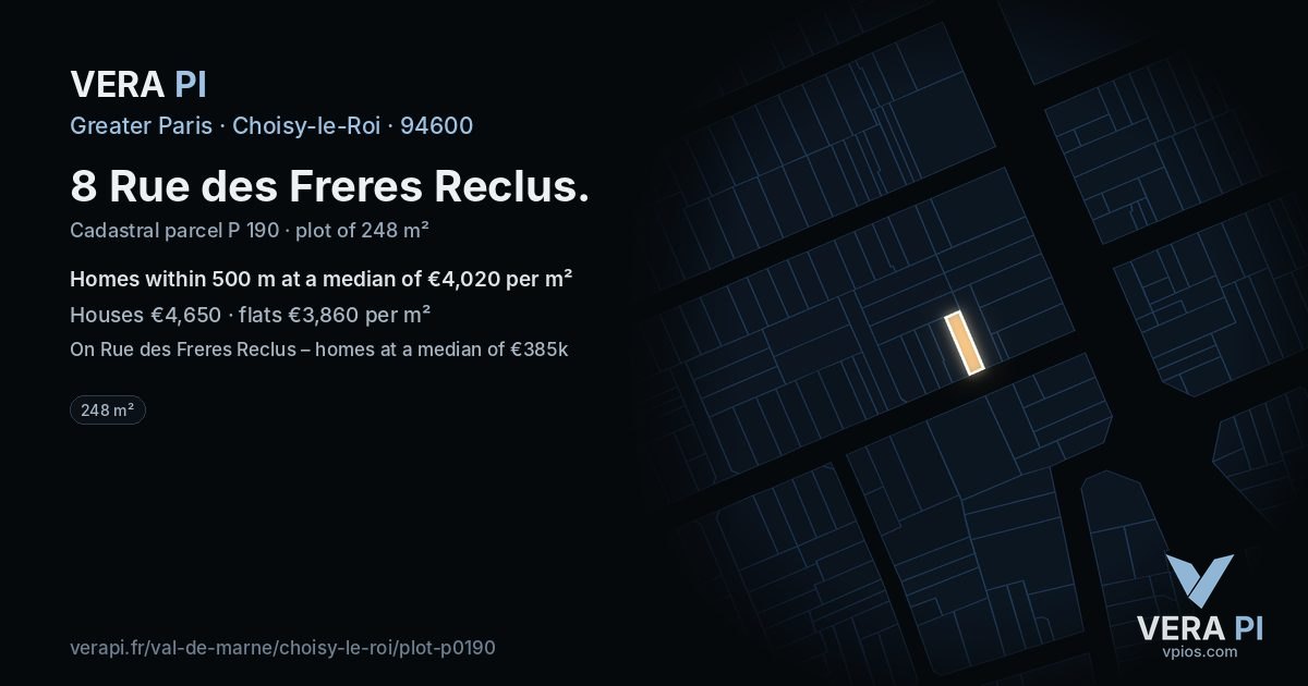 8 Rue des Freres Reclus, Choisy-le-Roi at night – the plot lit, the parcels around coloured by the prices near them