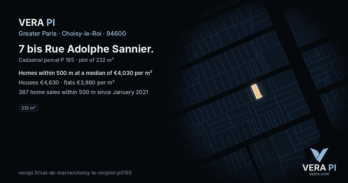 7 bis Rue Adolphe Sannier, Choisy-le-Roi at night – the plot lit, the parcels around coloured by the prices near them