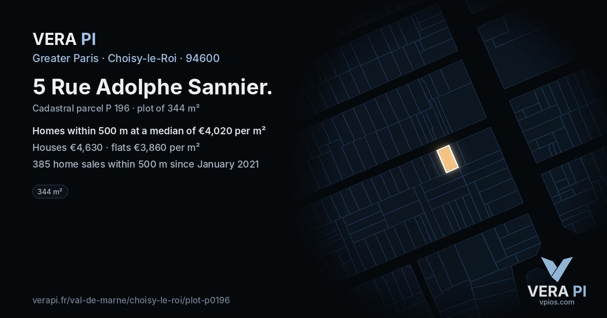 5 Rue Adolphe Sannier, Choisy-le-Roi at night – the plot lit, the parcels around coloured by the prices near them