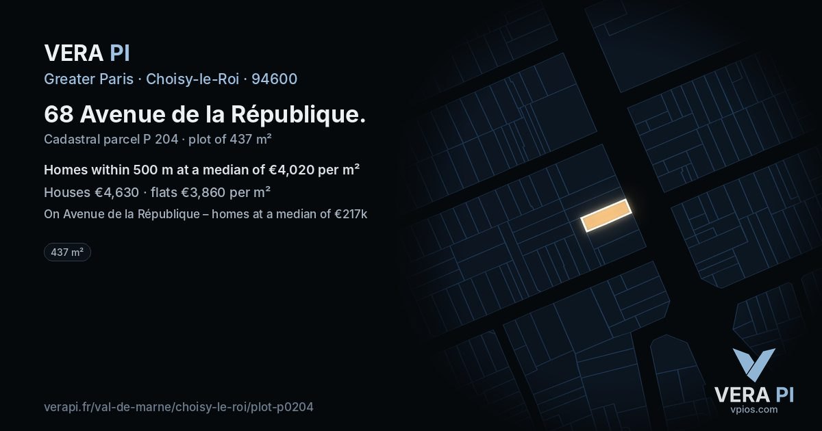 68 Avenue de la République, Choisy-le-Roi at night – the plot lit, the parcels around coloured by the prices near them