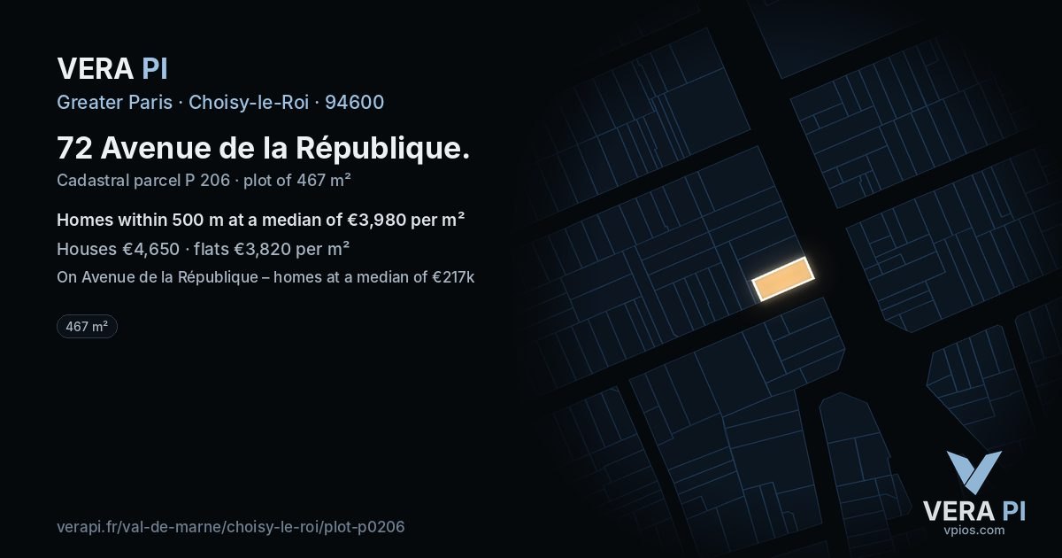 72 Avenue de la République, Choisy-le-Roi at night – the plot lit, the parcels around coloured by the prices near them