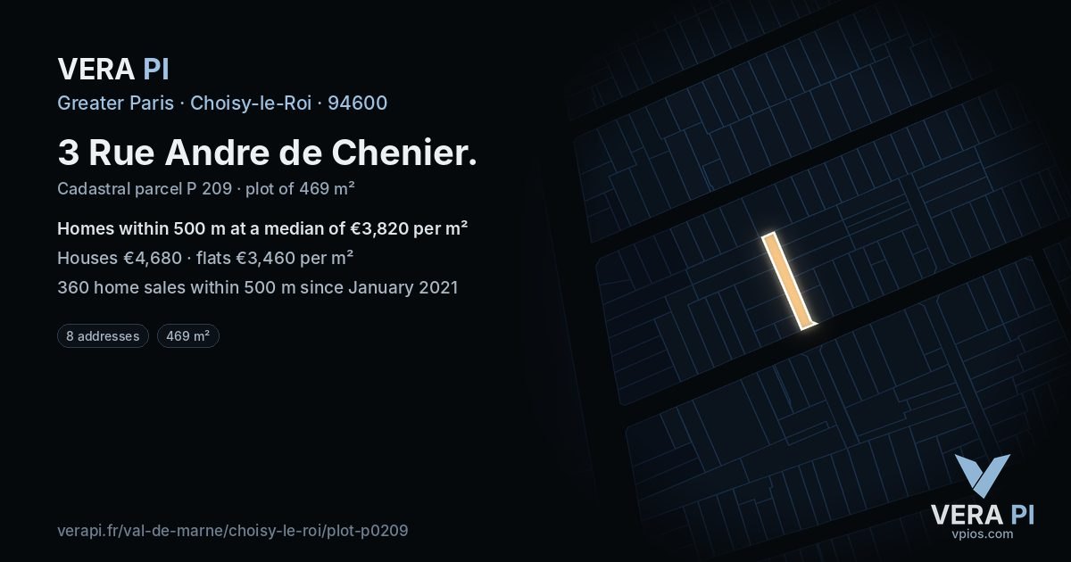 3 Rue Andre de Chenier, Choisy-le-Roi at night – the plot lit, the parcels around coloured by the prices near them
