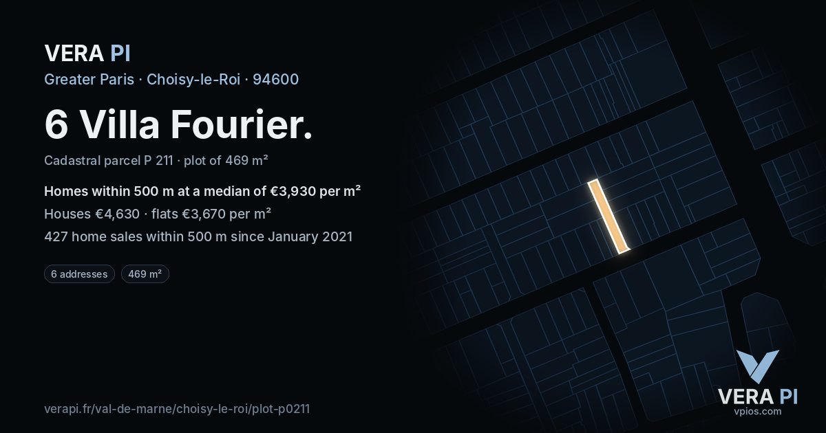 6 Villa Fourier, Choisy-le-Roi at night – the plot lit, the parcels around coloured by the prices near them