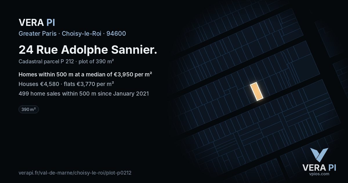 24 Rue Adolphe Sannier, Choisy-le-Roi at night – the plot lit, the parcels around coloured by the prices near them