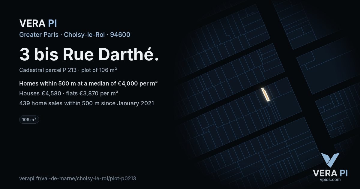 3 bis Rue Darthé, Choisy-le-Roi at night – the plot lit, the parcels around coloured by the prices near them