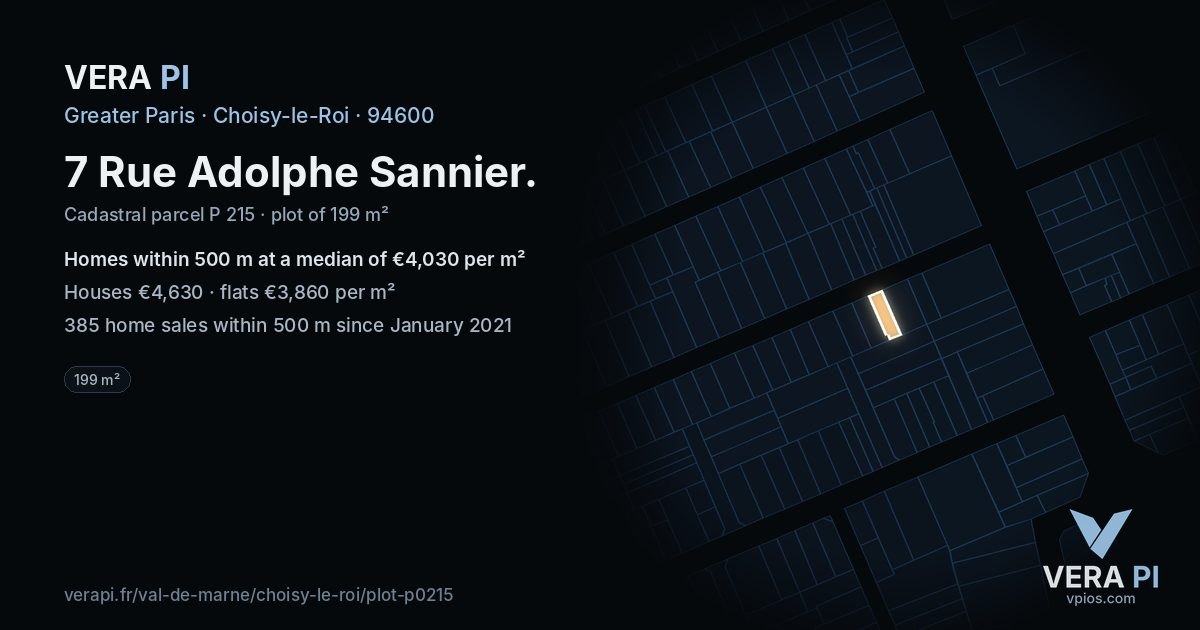 7 Rue Adolphe Sannier, Choisy-le-Roi at night – the plot lit, the parcels around coloured by the prices near them