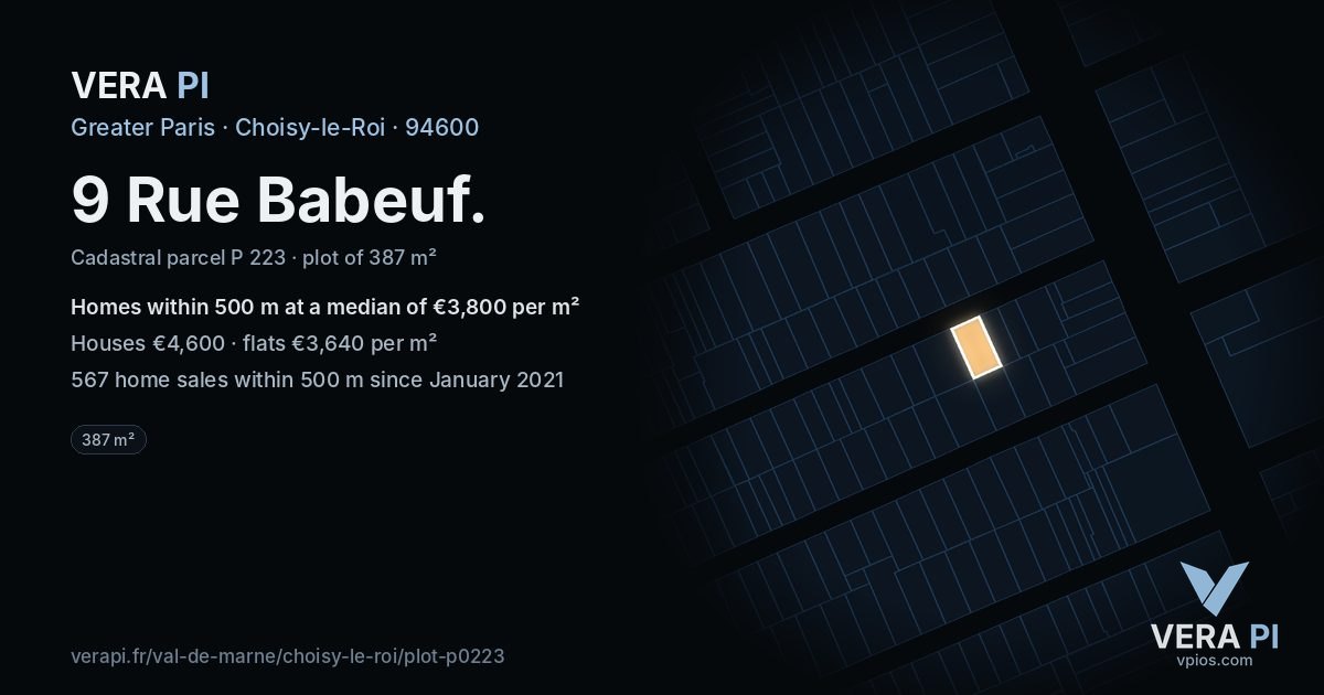 9 Rue Babeuf, Choisy-le-Roi at night – the plot lit, the parcels around coloured by the prices near them