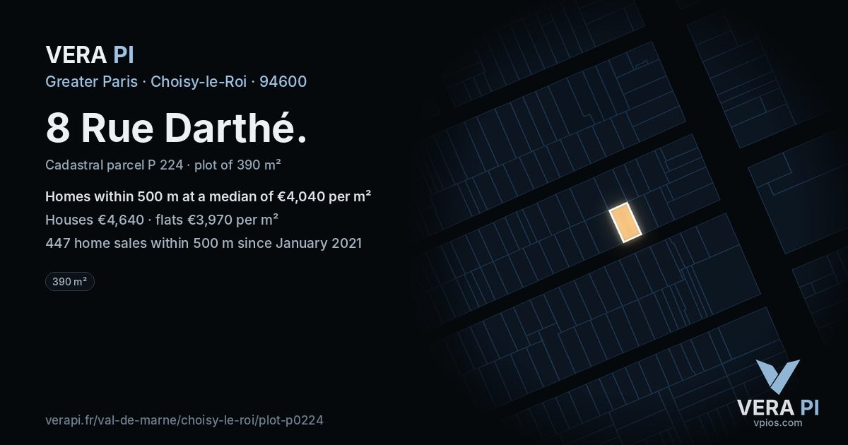 8 Rue Darthé, Choisy-le-Roi at night – the plot lit, the parcels around coloured by the prices near them
