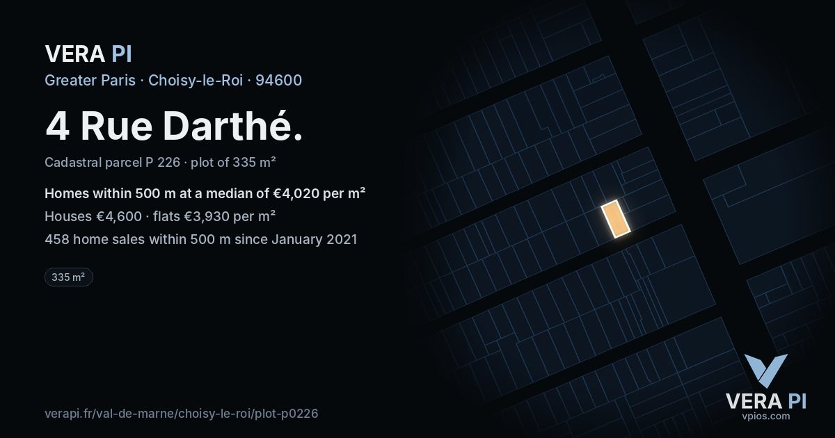 4 Rue Darthé, Choisy-le-Roi at night – the plot lit, the parcels around coloured by the prices near them