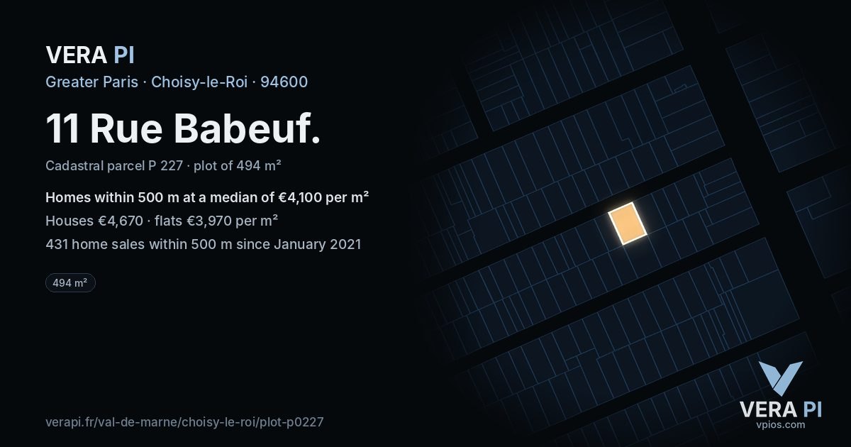 11 Rue Babeuf, Choisy-le-Roi at night – the plot lit, the parcels around coloured by the prices near them