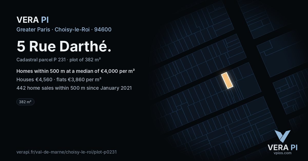 5 Rue Darthé, Choisy-le-Roi at night – the plot lit, the parcels around coloured by the prices near them