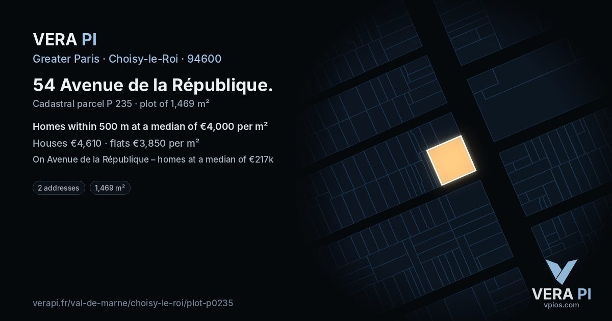 54 Avenue de la République, Choisy-le-Roi at night – the plot lit, the parcels around coloured by the prices near them
