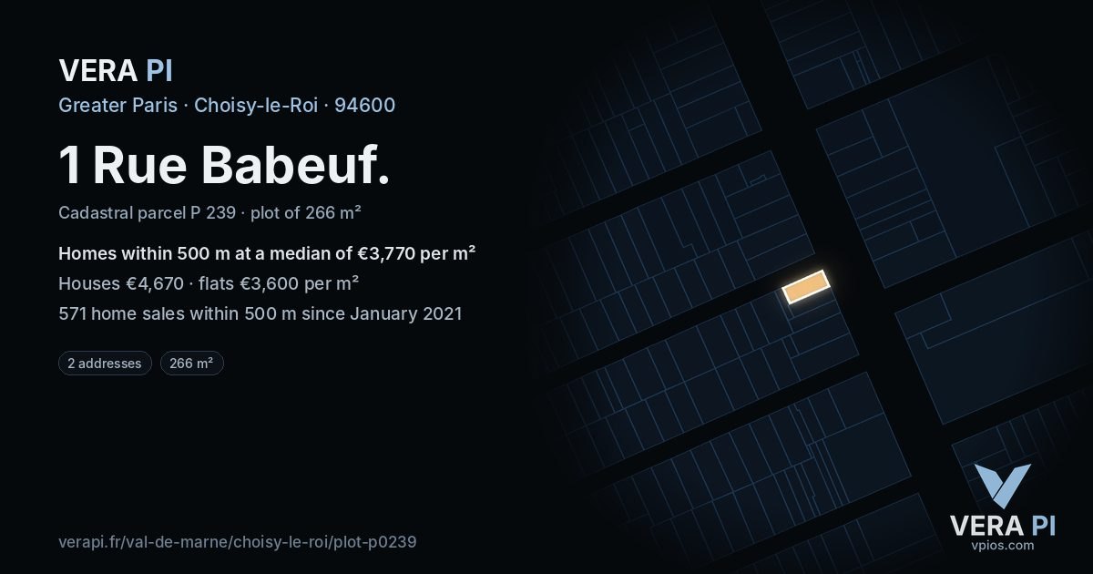 1 Rue Babeuf, Choisy-le-Roi at night – the plot lit, the parcels around coloured by the prices near them