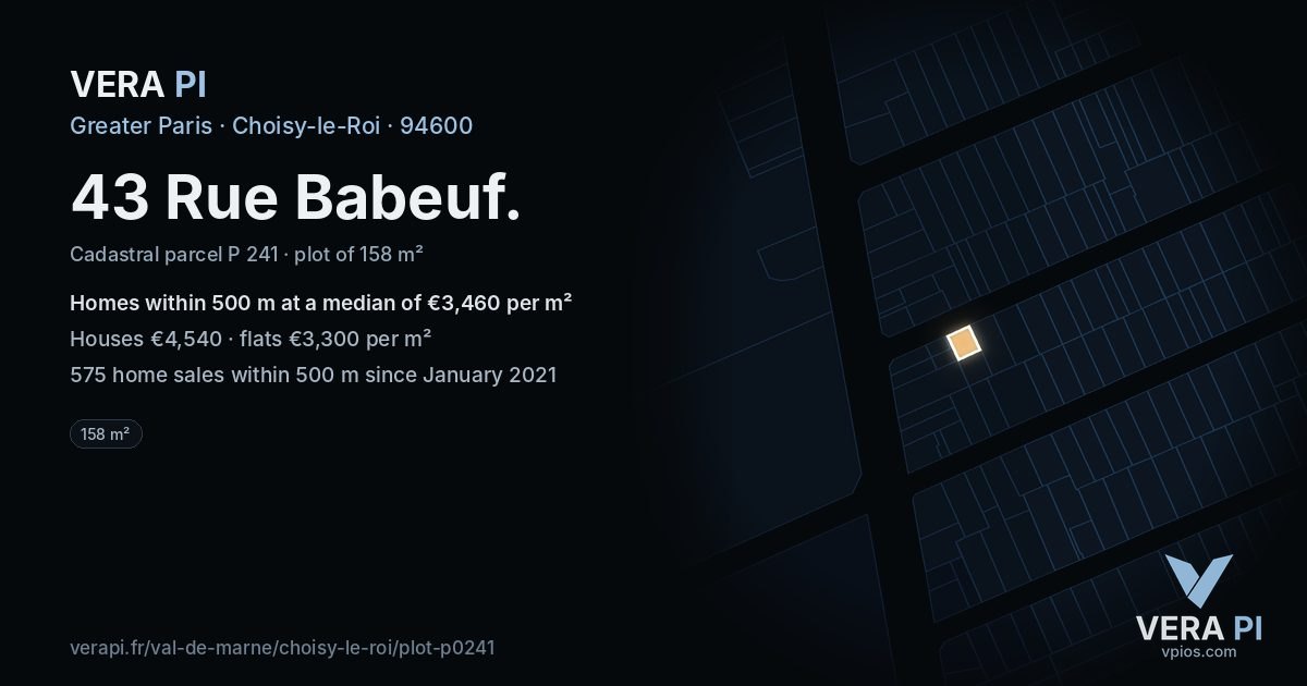 43 Rue Babeuf, Choisy-le-Roi at night – the plot lit, the parcels around coloured by the prices near them