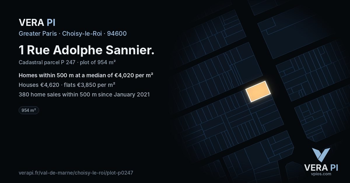 1 Rue Adolphe Sannier, Choisy-le-Roi at night – the plot lit, the parcels around coloured by the prices near them