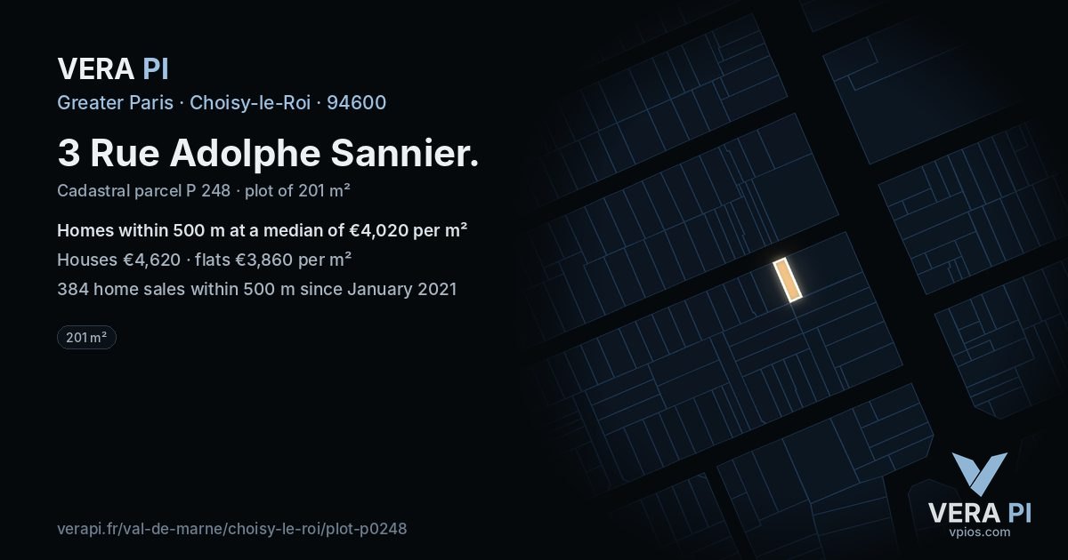3 Rue Adolphe Sannier, Choisy-le-Roi at night – the plot lit, the parcels around coloured by the prices near them