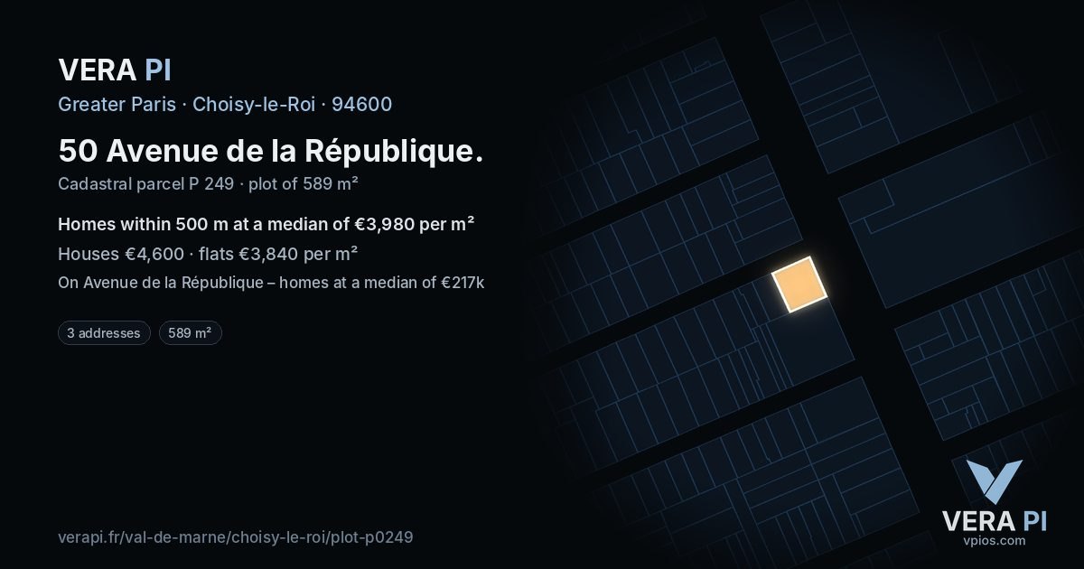 50 Avenue de la République, Choisy-le-Roi at night – the plot lit, the parcels around coloured by the prices near them