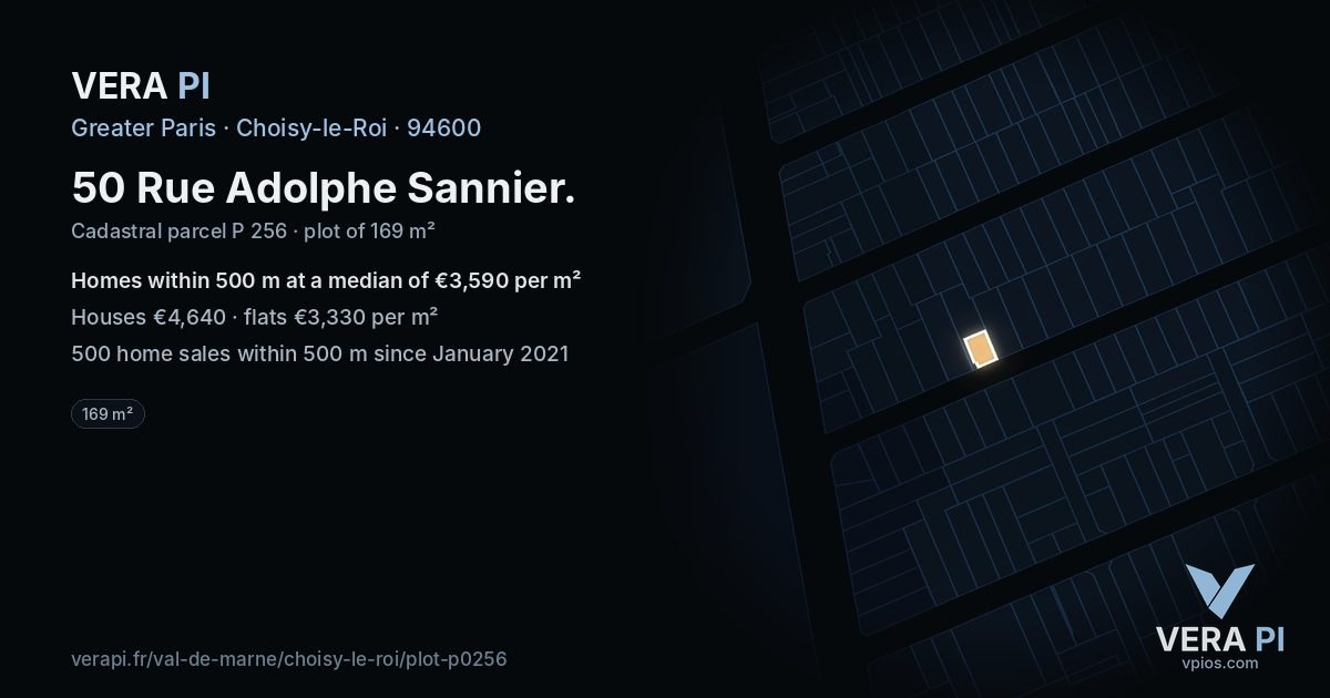 50 Rue Adolphe Sannier, Choisy-le-Roi at night – the plot lit, the parcels around coloured by the prices near them