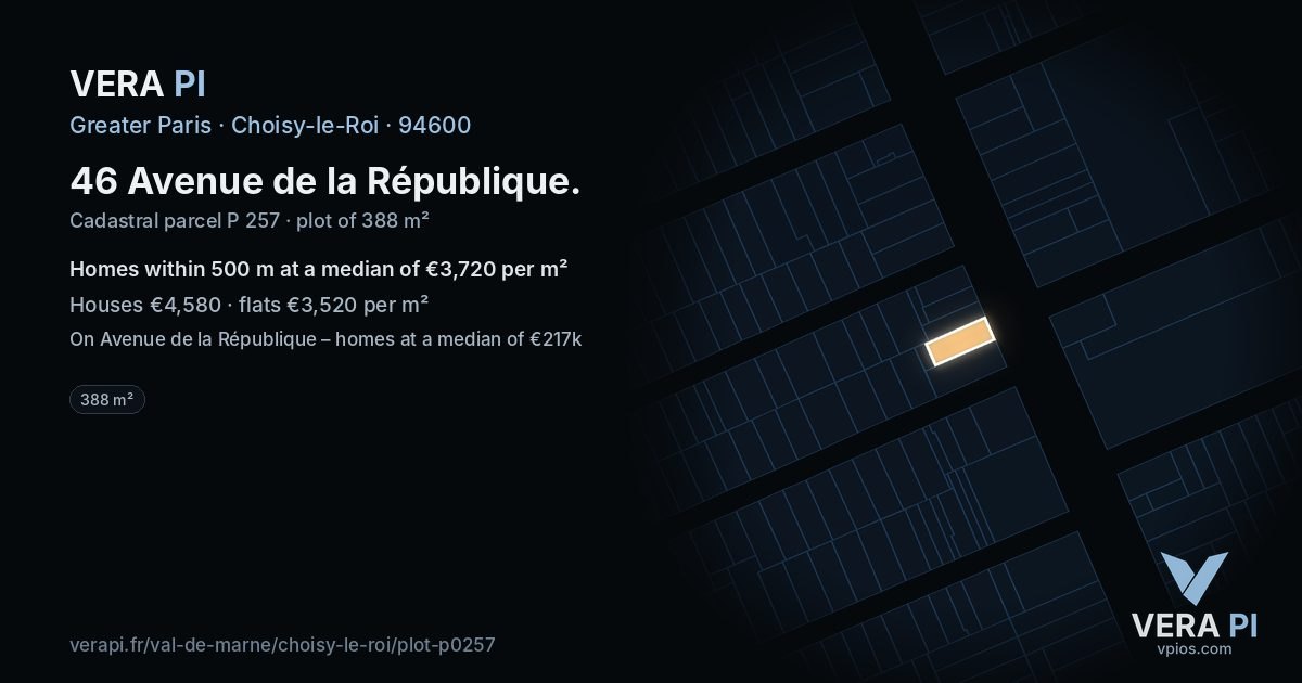 46 Avenue de la République, Choisy-le-Roi at night – the plot lit, the parcels around coloured by the prices near them