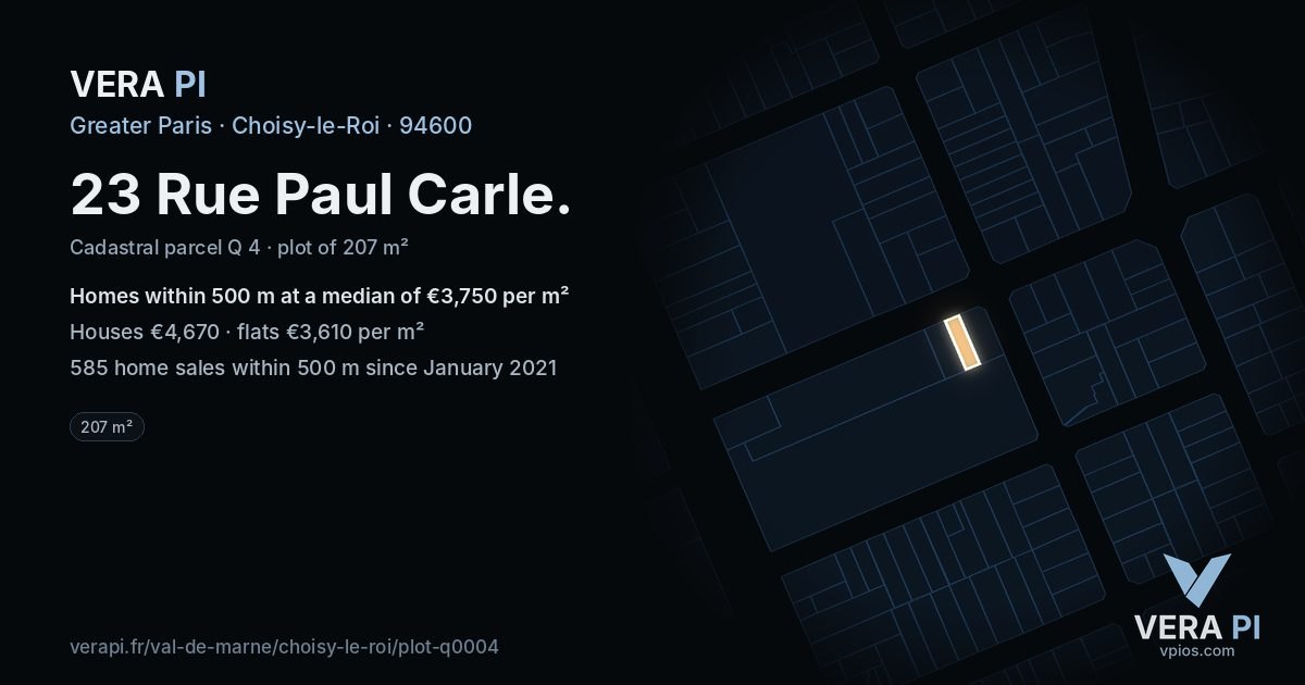 23 Rue Paul Carle, Choisy-le-Roi at night – the plot lit, the parcels around coloured by the prices near them
