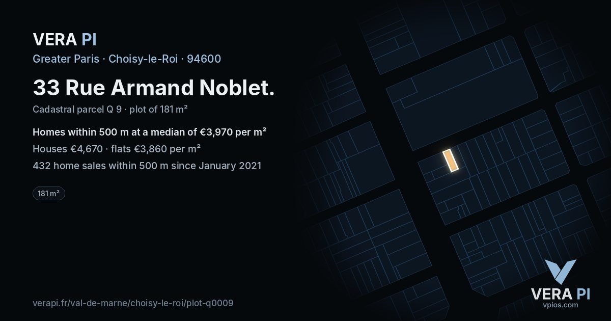 33 Rue Armand Noblet, Choisy-le-Roi at night – the plot lit, the parcels around coloured by the prices near them