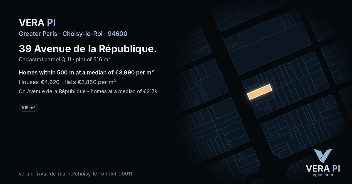 39 Avenue de la République, Choisy-le-Roi at night – the plot lit, the parcels around coloured by the prices near them
