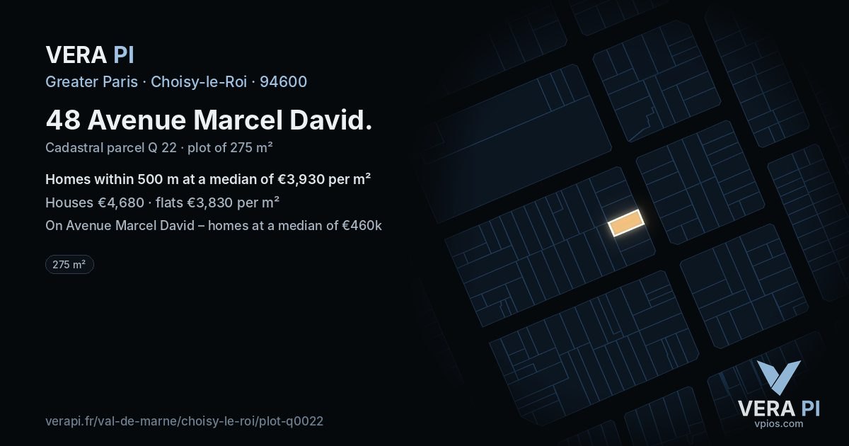 48 Avenue Marcel David, Choisy-le-Roi at night – the plot lit, the parcels around coloured by the prices near them