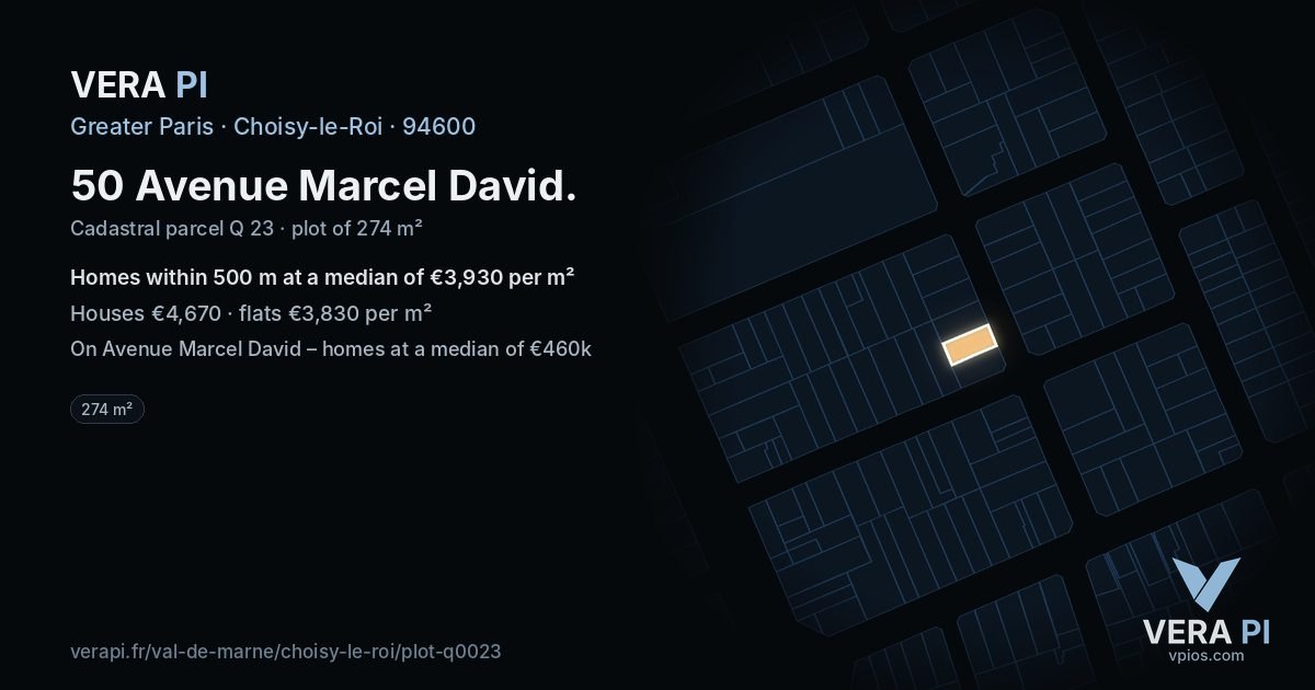50 Avenue Marcel David, Choisy-le-Roi at night – the plot lit, the parcels around coloured by the prices near them