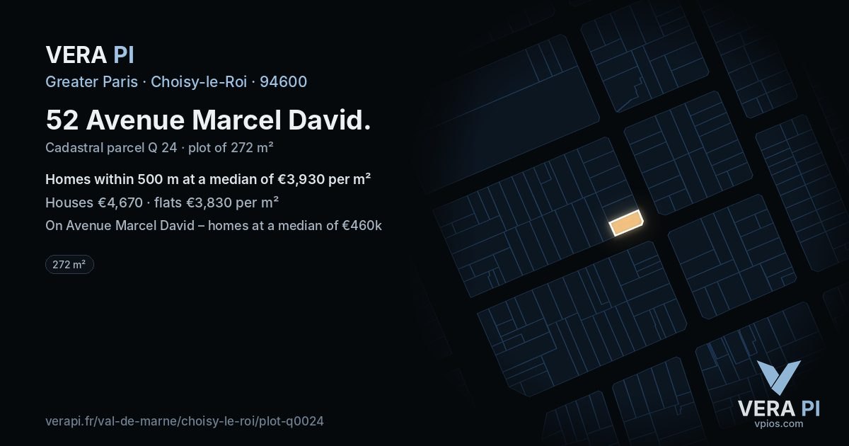 52 Avenue Marcel David, Choisy-le-Roi at night – the plot lit, the parcels around coloured by the prices near them