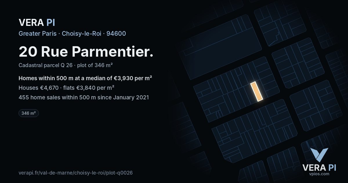 20 Rue Parmentier, Choisy-le-Roi at night – the plot lit, the parcels around coloured by the prices near them