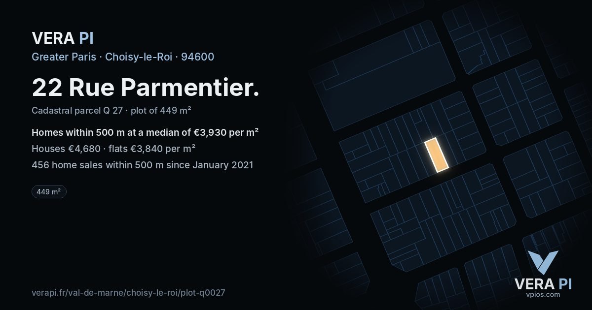 22 Rue Parmentier, Choisy-le-Roi at night – the plot lit, the parcels around coloured by the prices near them