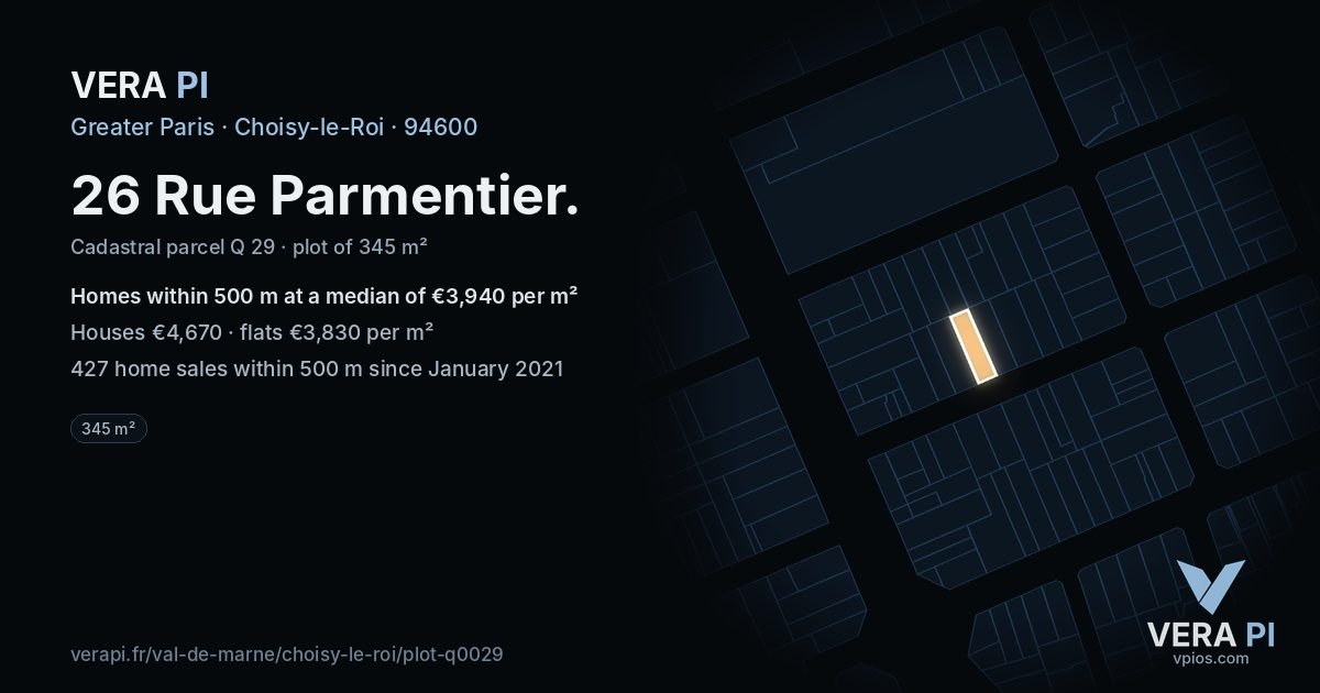 26 Rue Parmentier, Choisy-le-Roi at night – the plot lit, the parcels around coloured by the prices near them