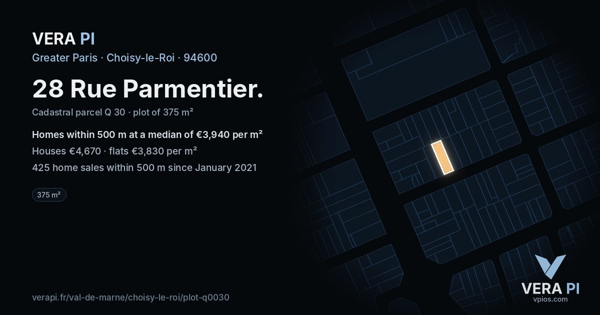 28 Rue Parmentier, Choisy-le-Roi at night – the plot lit, the parcels around coloured by the prices near them
