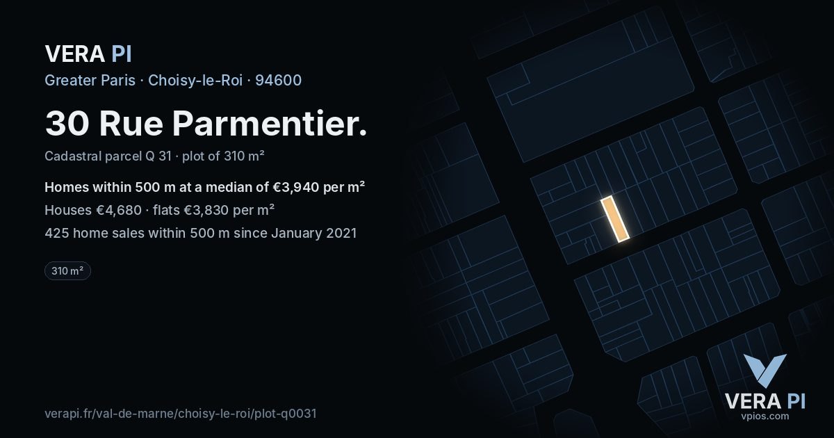 30 Rue Parmentier, Choisy-le-Roi at night – the plot lit, the parcels around coloured by the prices near them